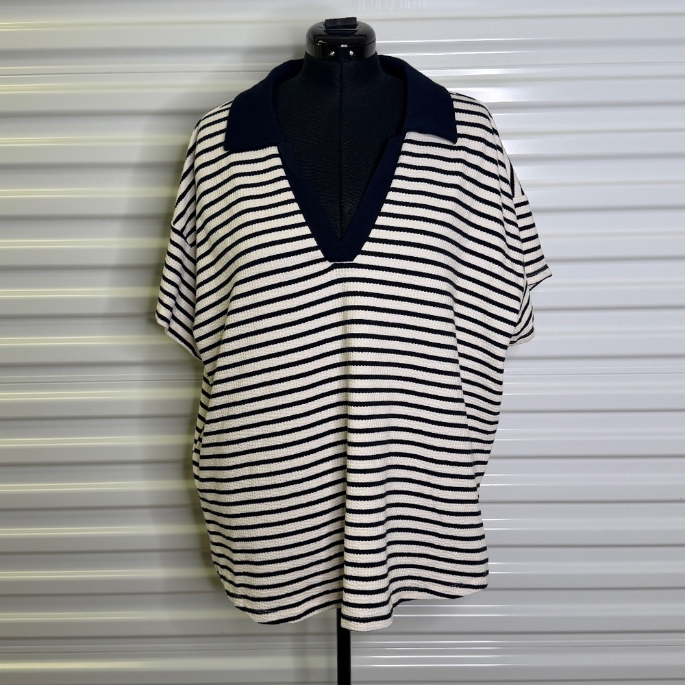 Adrianna Papell Blue/White Striped Womens 2X Short Sleeve Coastal Beach Shirt